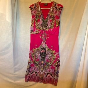 Glamour Cherry Red/Colourful Boho Sleeveless Stretchy V-Neck Midi Dress (M/L)